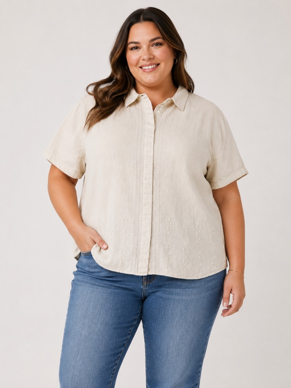 Vintage Cotton Linen Embroidered Button Down Top